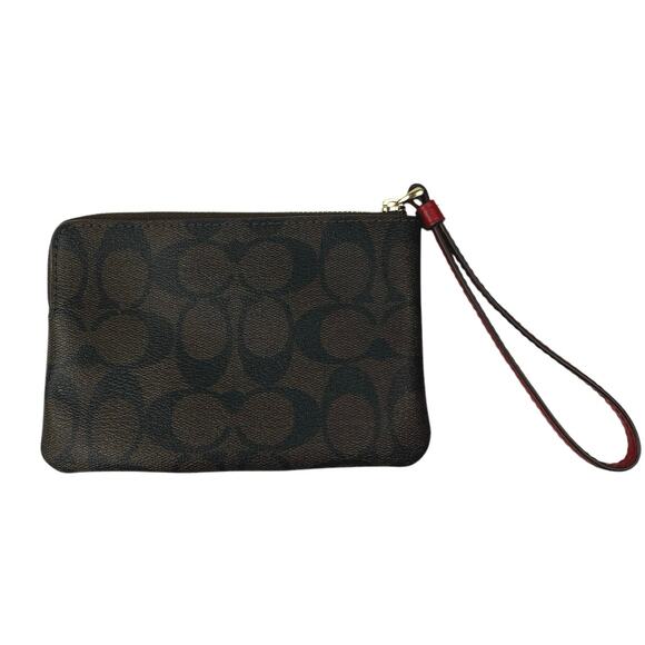 NEW Coach Brown Red Corner Zip Signature Canvas Wristlet Purse Wallet Small - Picture 2 of 4